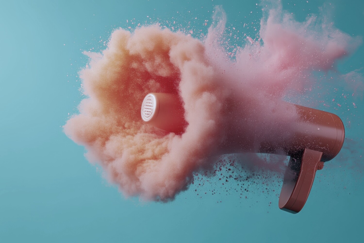 mégaphone se transformant en nuage de poudre rose de manière dynamique