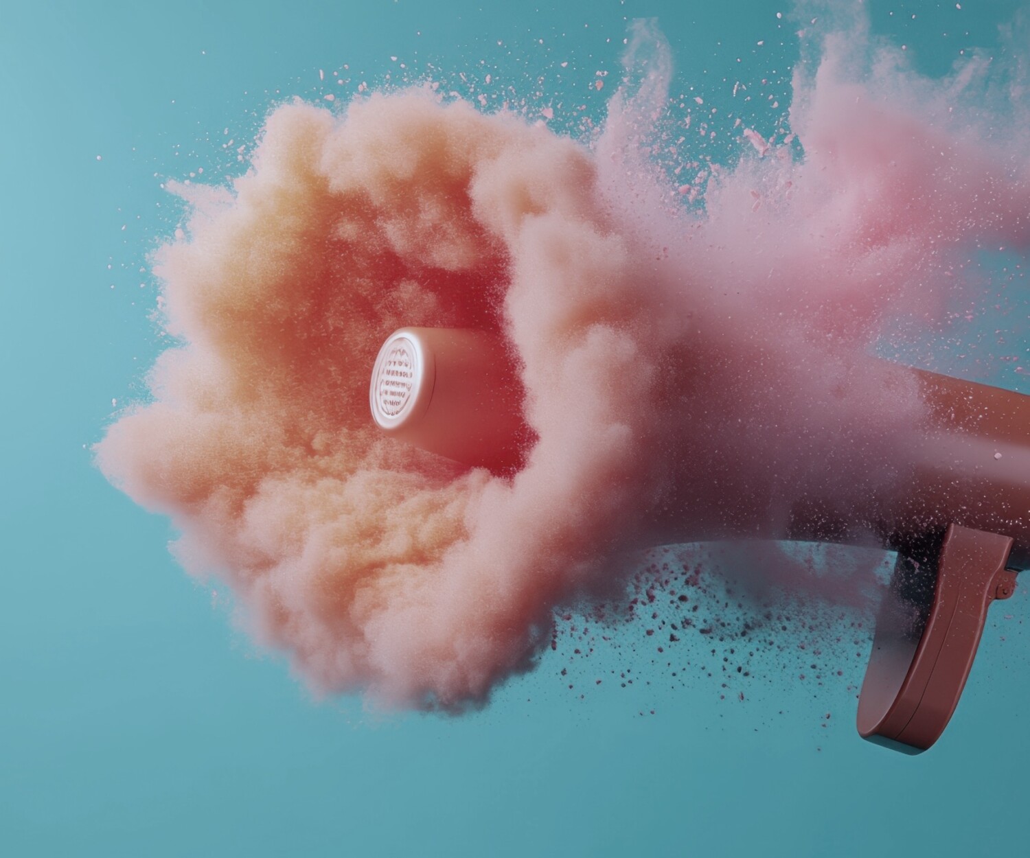 mégaphone se transformant en nuage de poudre rose de manière dynamique